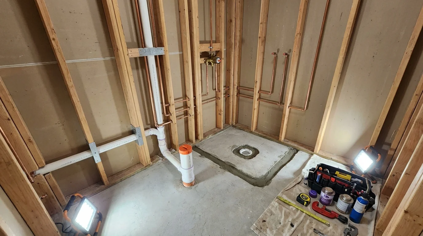 Bathroom rough-in plumbing during remodel by Johns Plumbing LLC in Thomasville