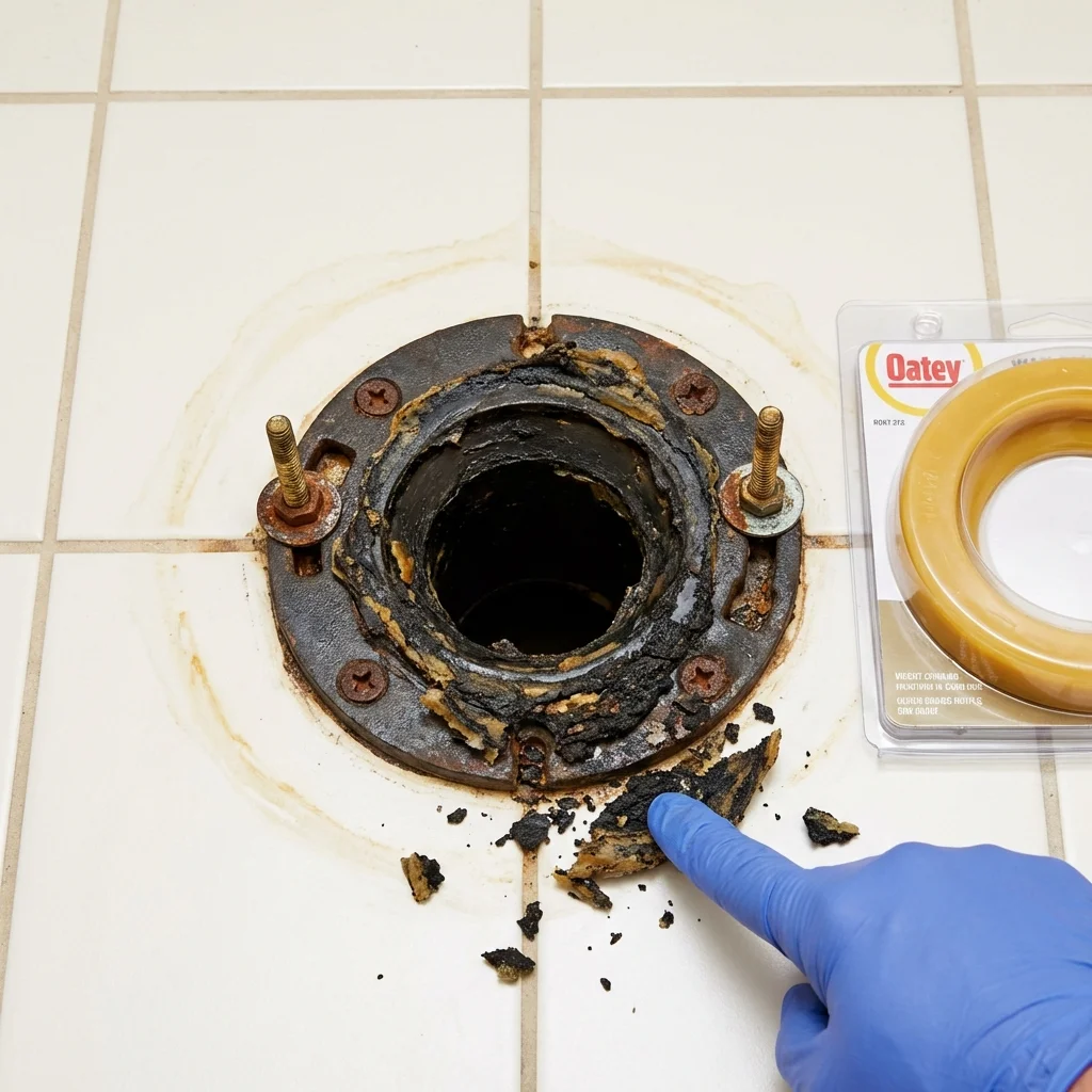 Failed wax ring showing water seepage at the base of a toilet in a Thomasville, GA home
