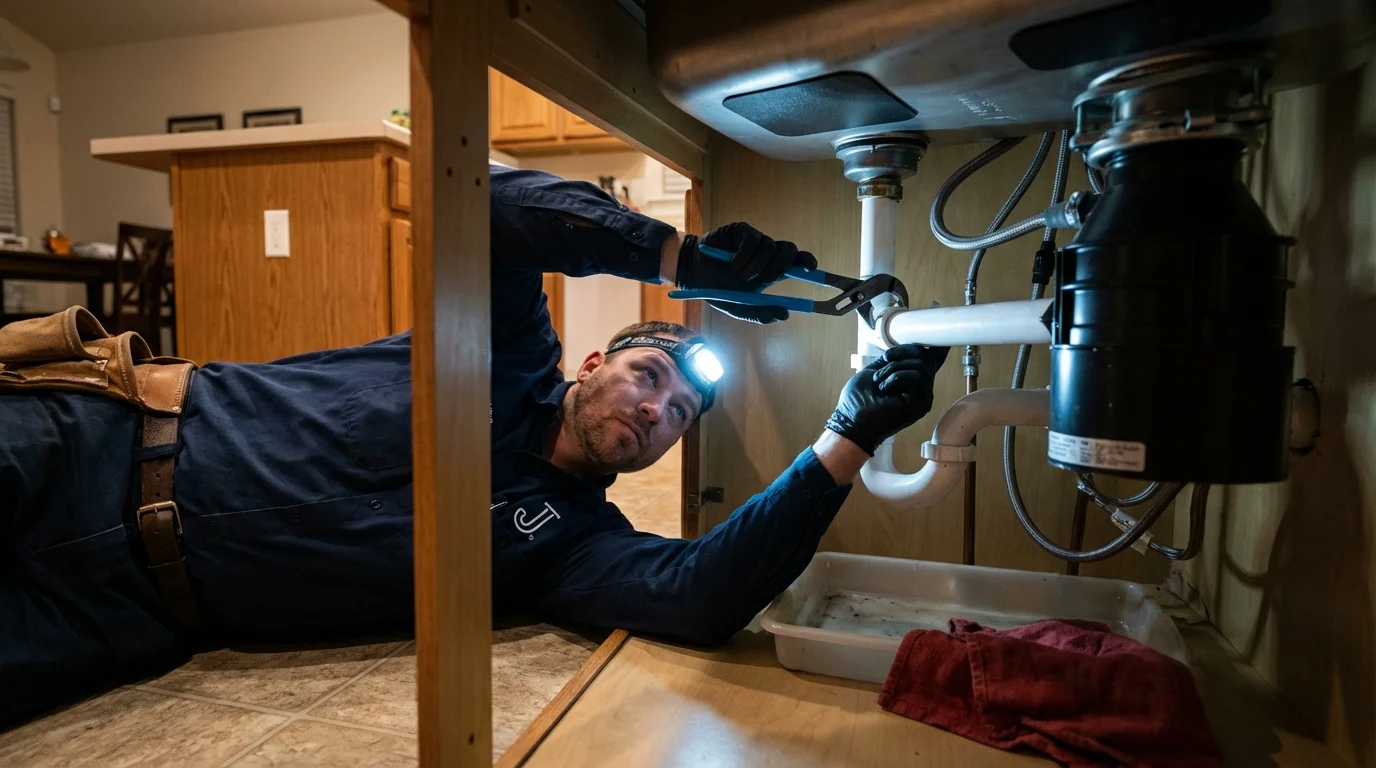 P-trap and supply line connections under a kitchen sink showing a common leak point in Thomasville, GA